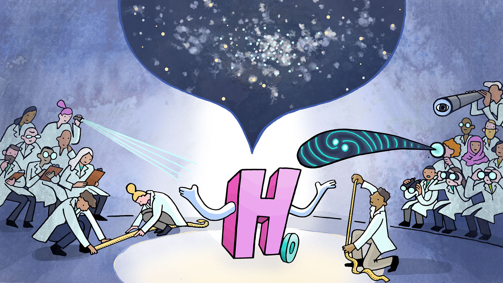 An illustration of scientists observing the Hubble constant