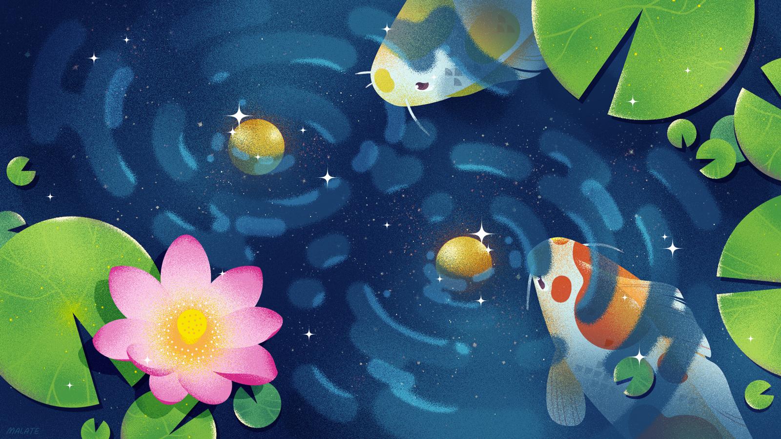 Illustration of two atoms in a koi pond