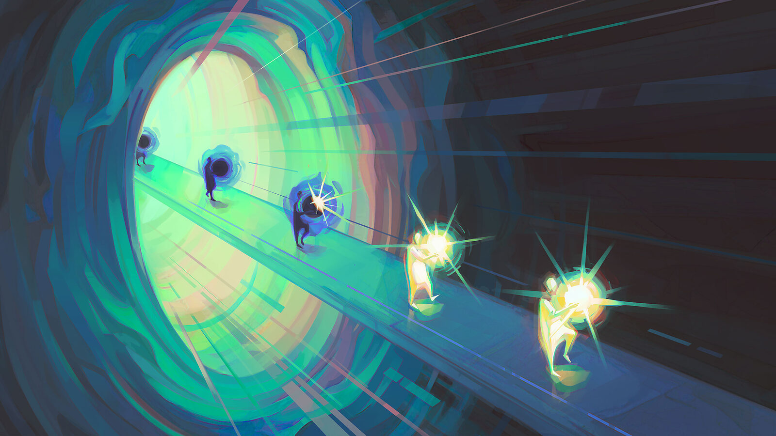 Conceptual illustration of figures carrying particles through a portal