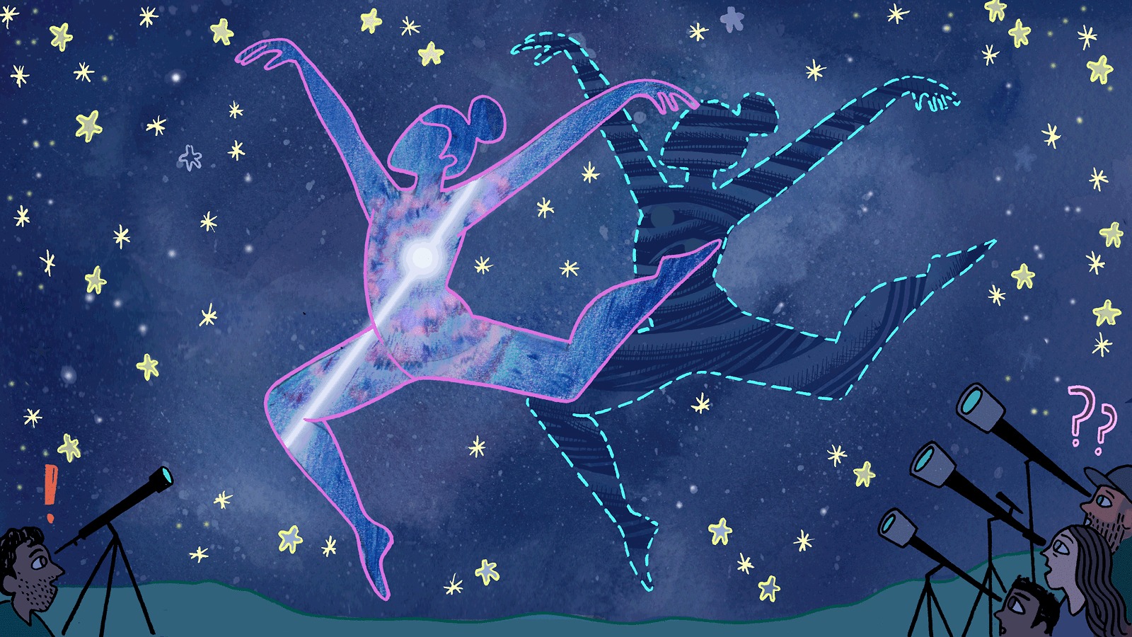 Two women dancing in space