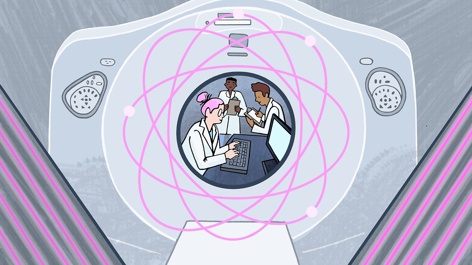 Medical scientists shown working through an MRI