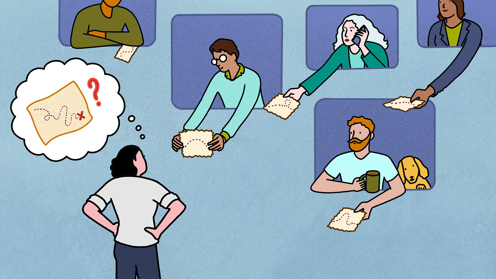 Illustration: mentee wondering about a map, mentors offering pieces of maps