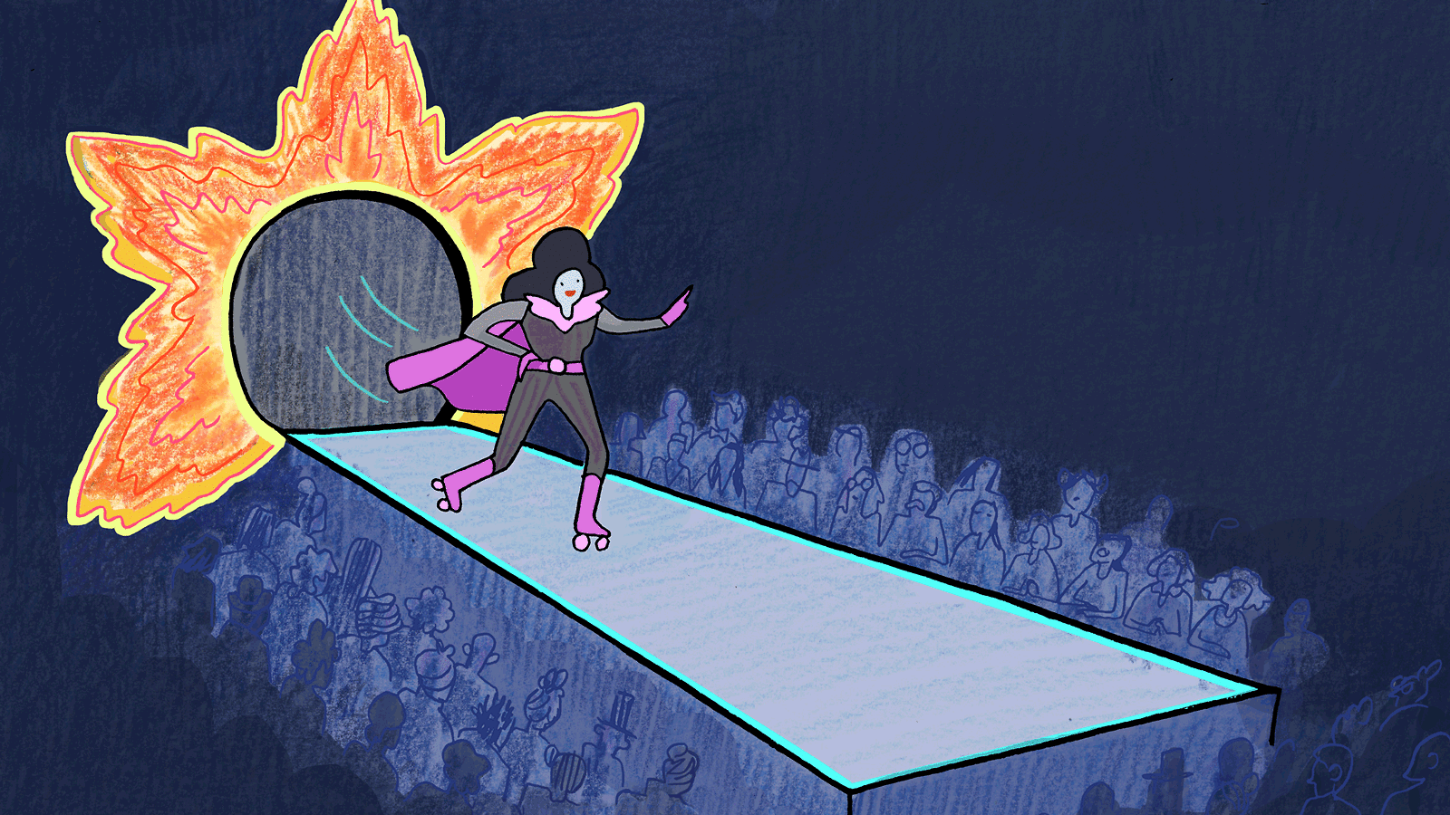 Woman coming out of sun shaped archway walking down runway in roller skates 