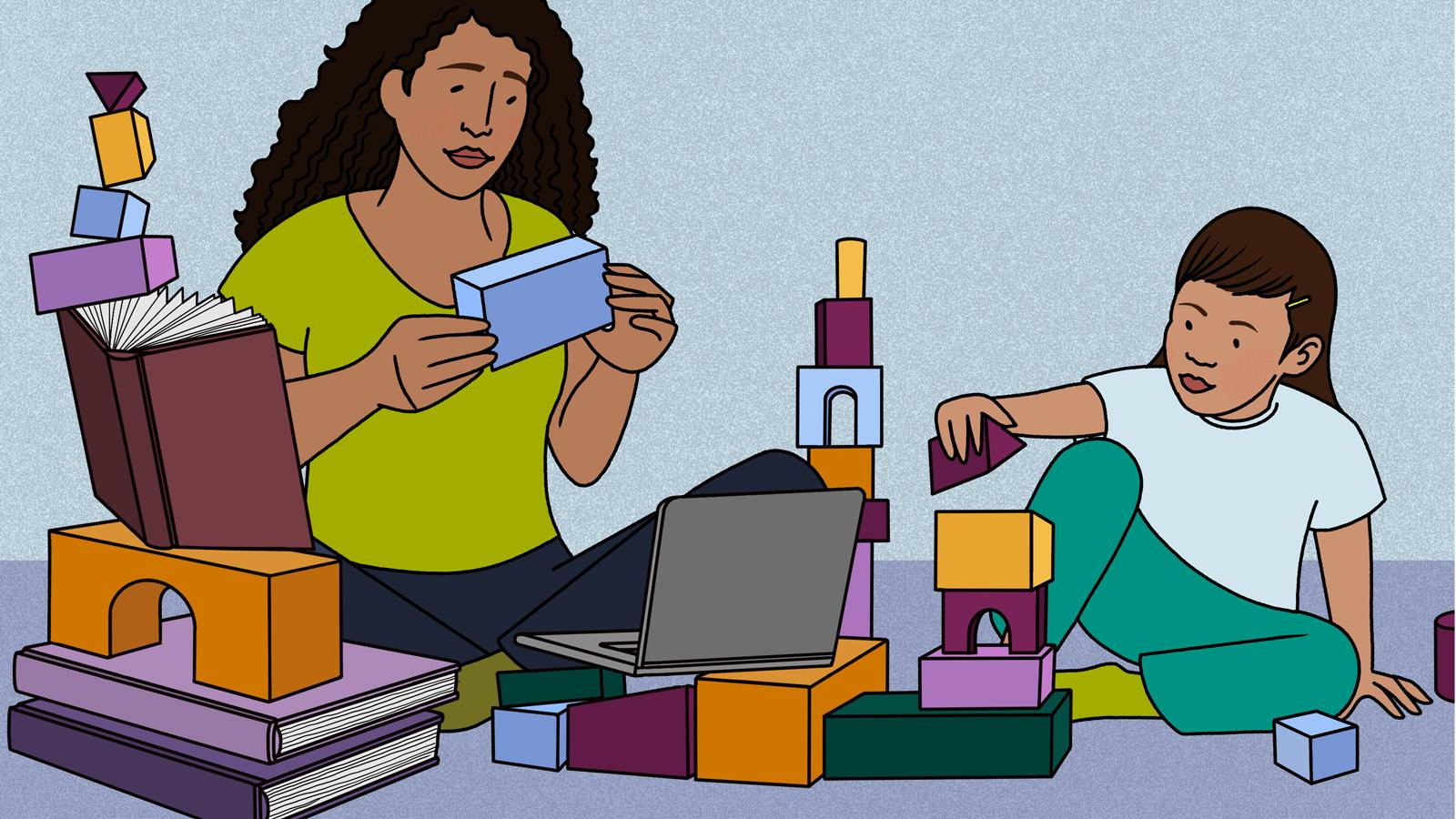 Illustration of a parent stacking blocks and books with their child while looking at a laptop