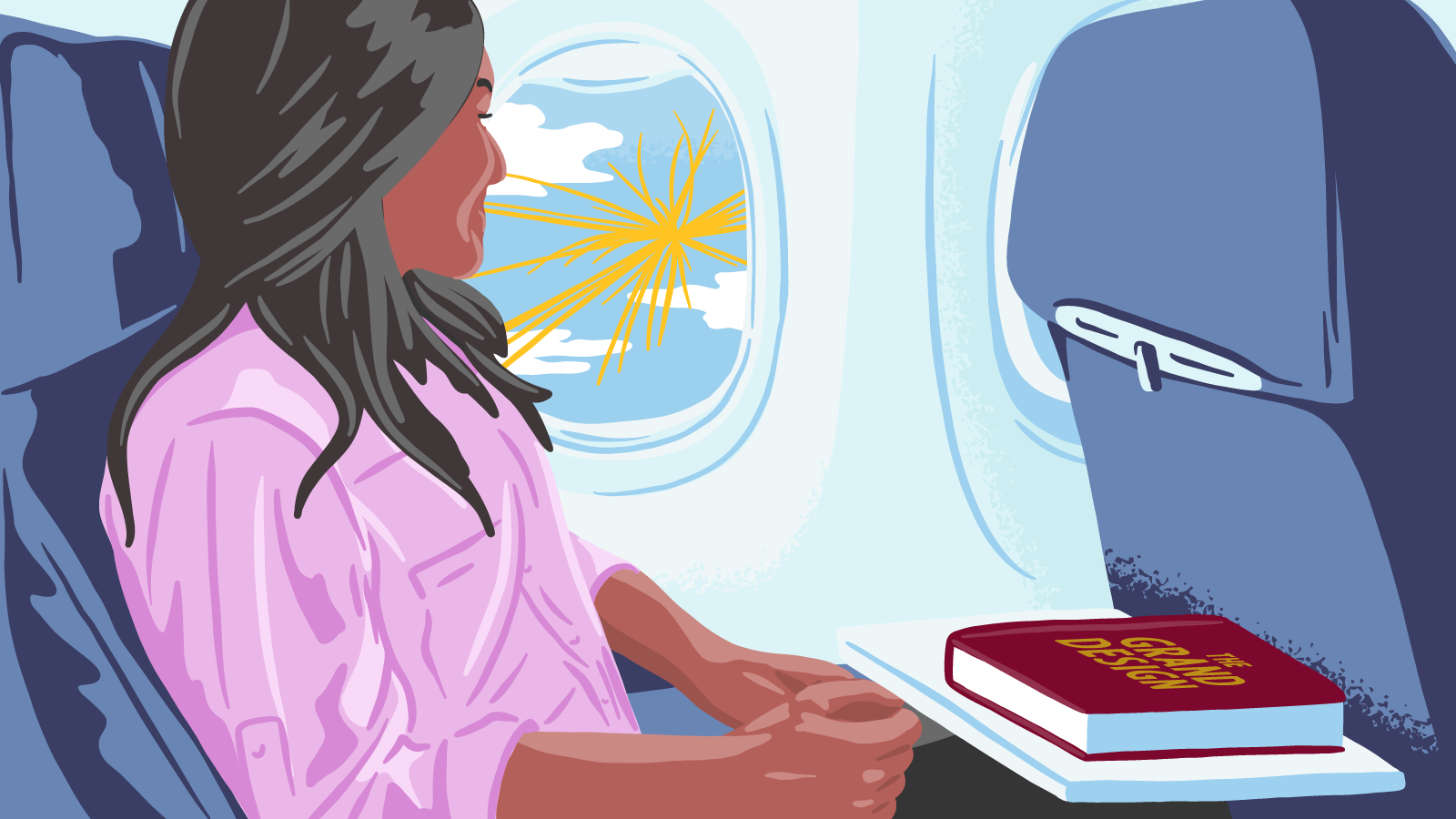 Illustration of a woman looking out the window of an airplane seeing a visual from the ATLAS experiment