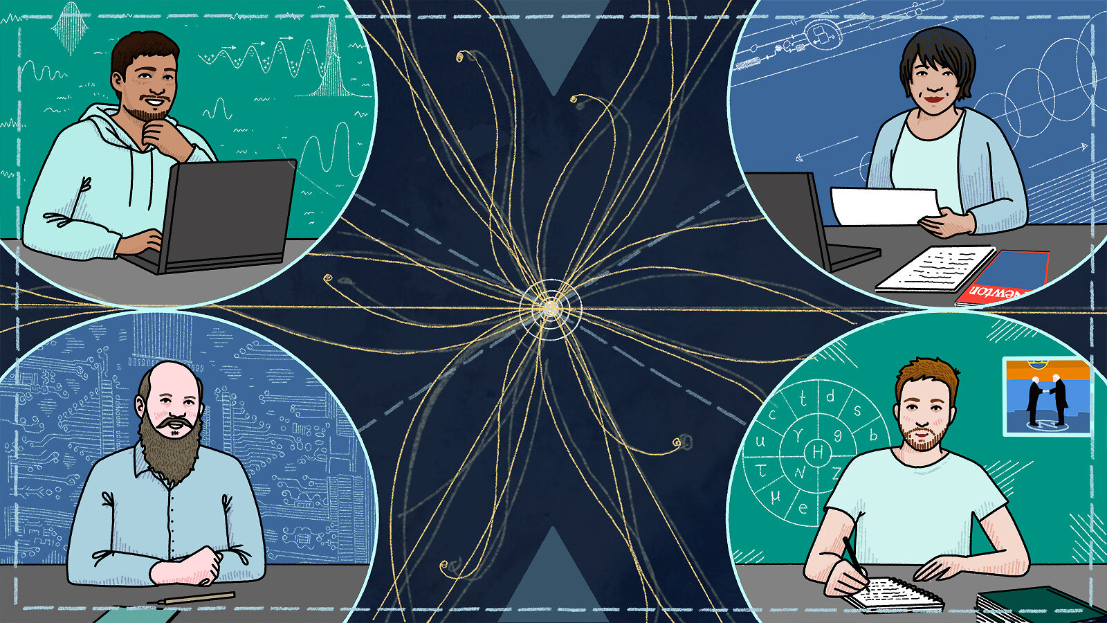 Illustration of particle collision surrounded by four scientists