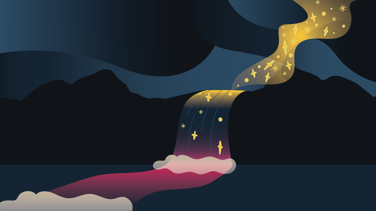 Illustration of river of stars in the sky flows into waterfall and river