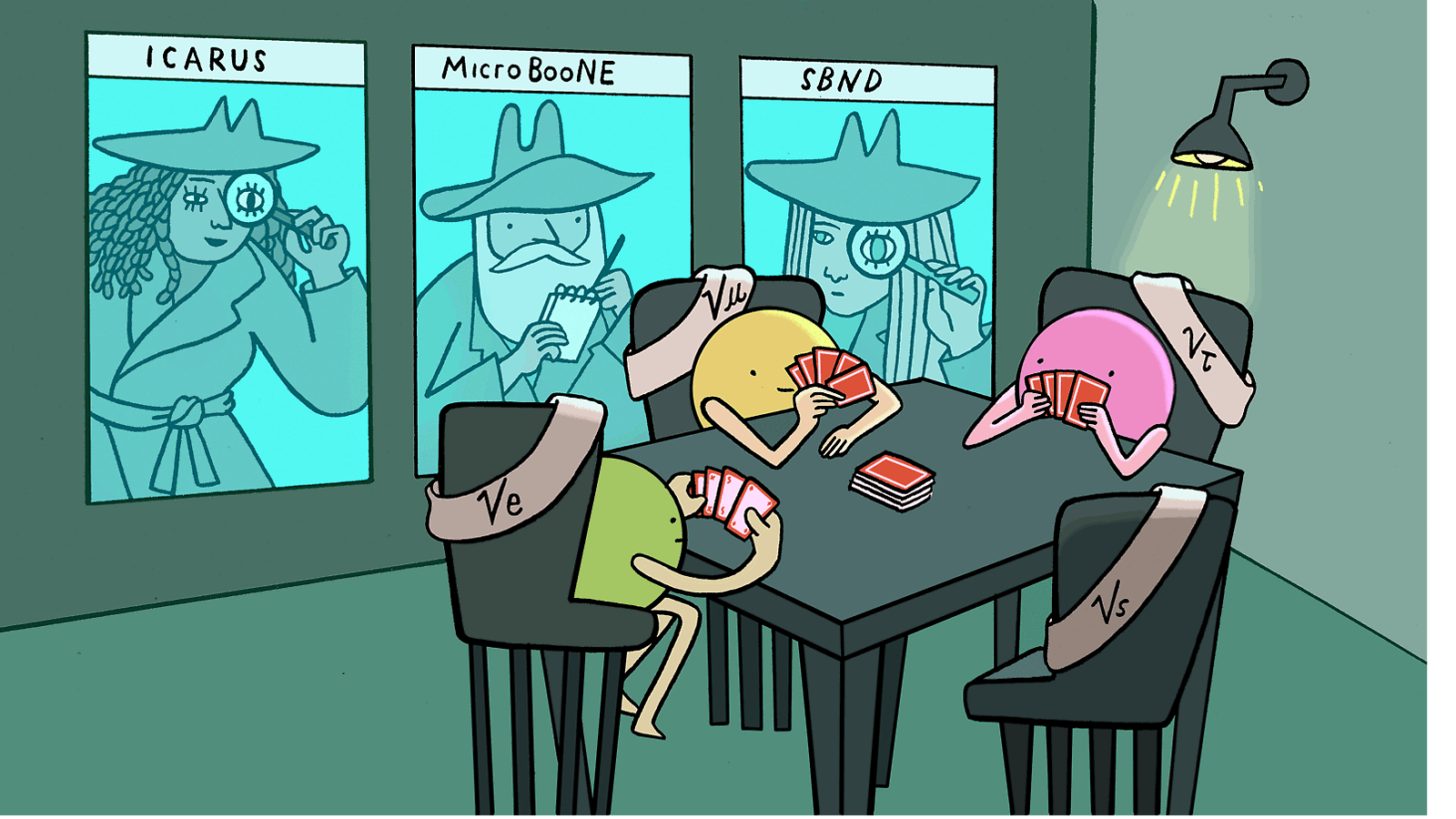 Illustration of sterile neutrino sleuths watching particles play card game 