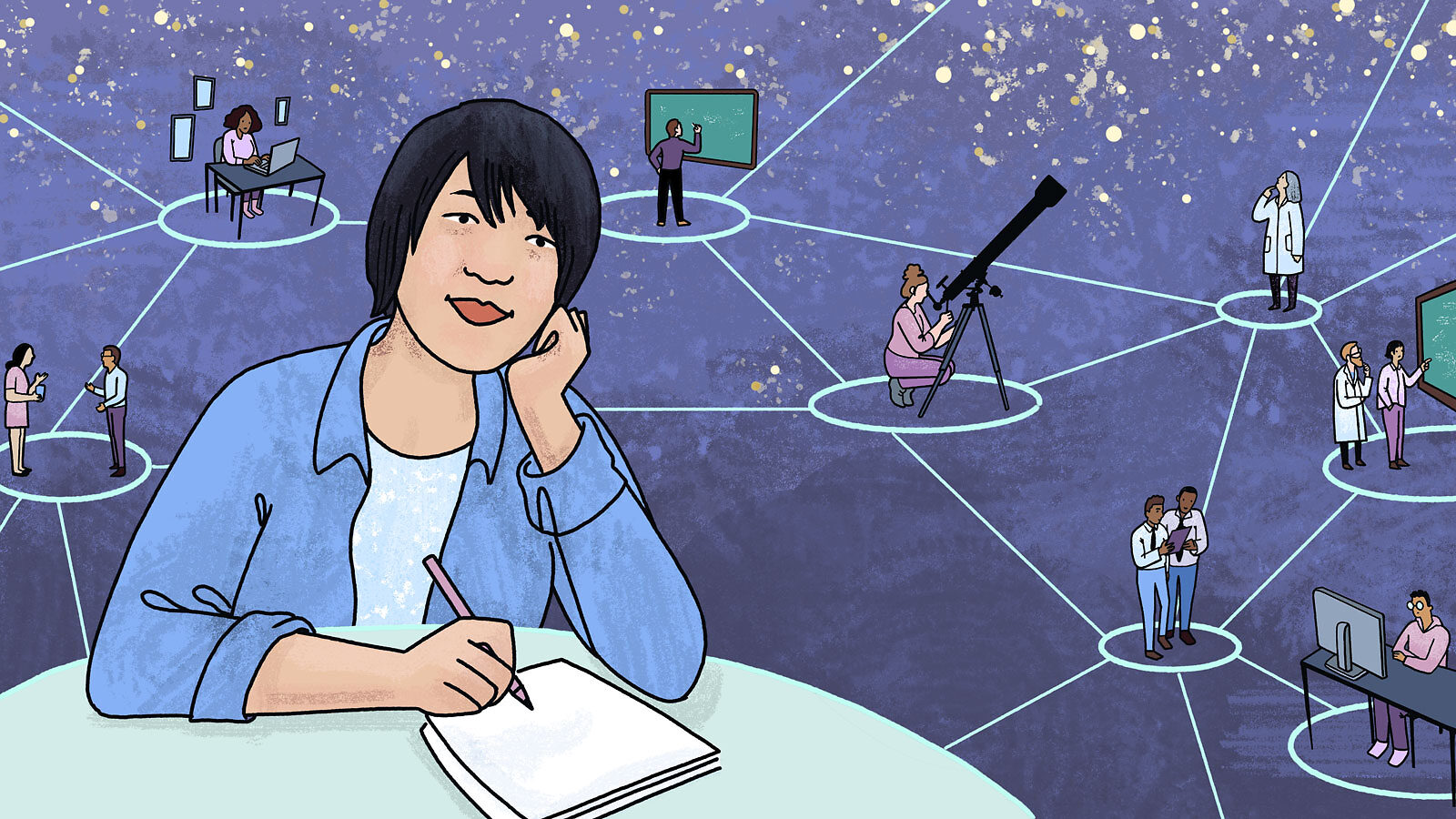 Illustration of Sal Fu She is shown as part of a connected network of scientists working on various projects