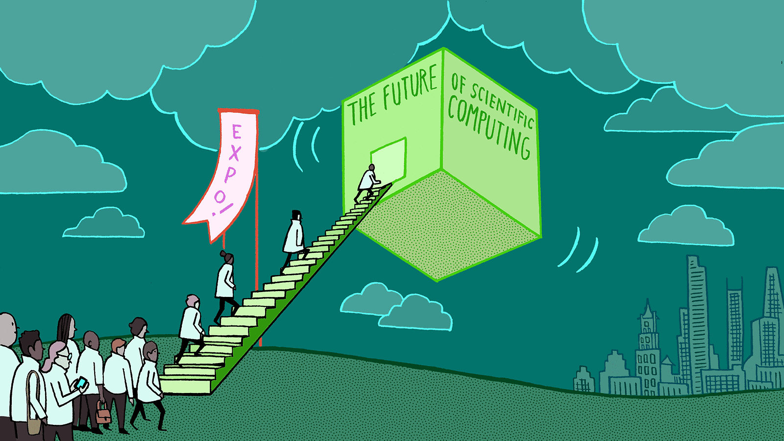 Scientists walking up stairs to cube floating in sky "the future of scientists computing"