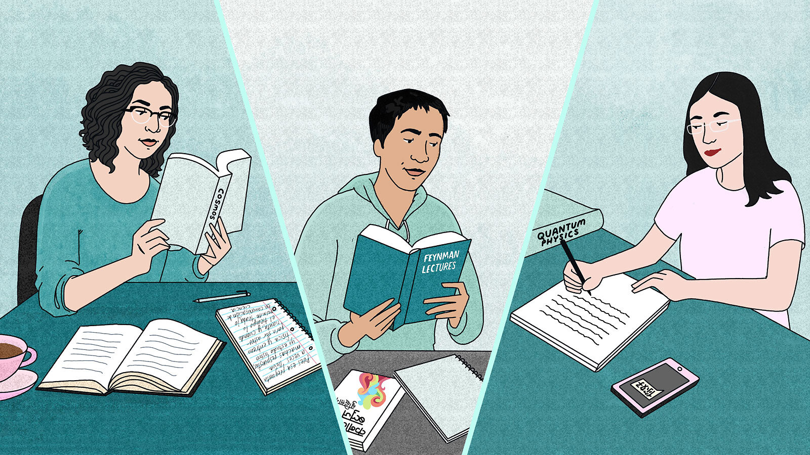 Illustration of scientists studying books written in English