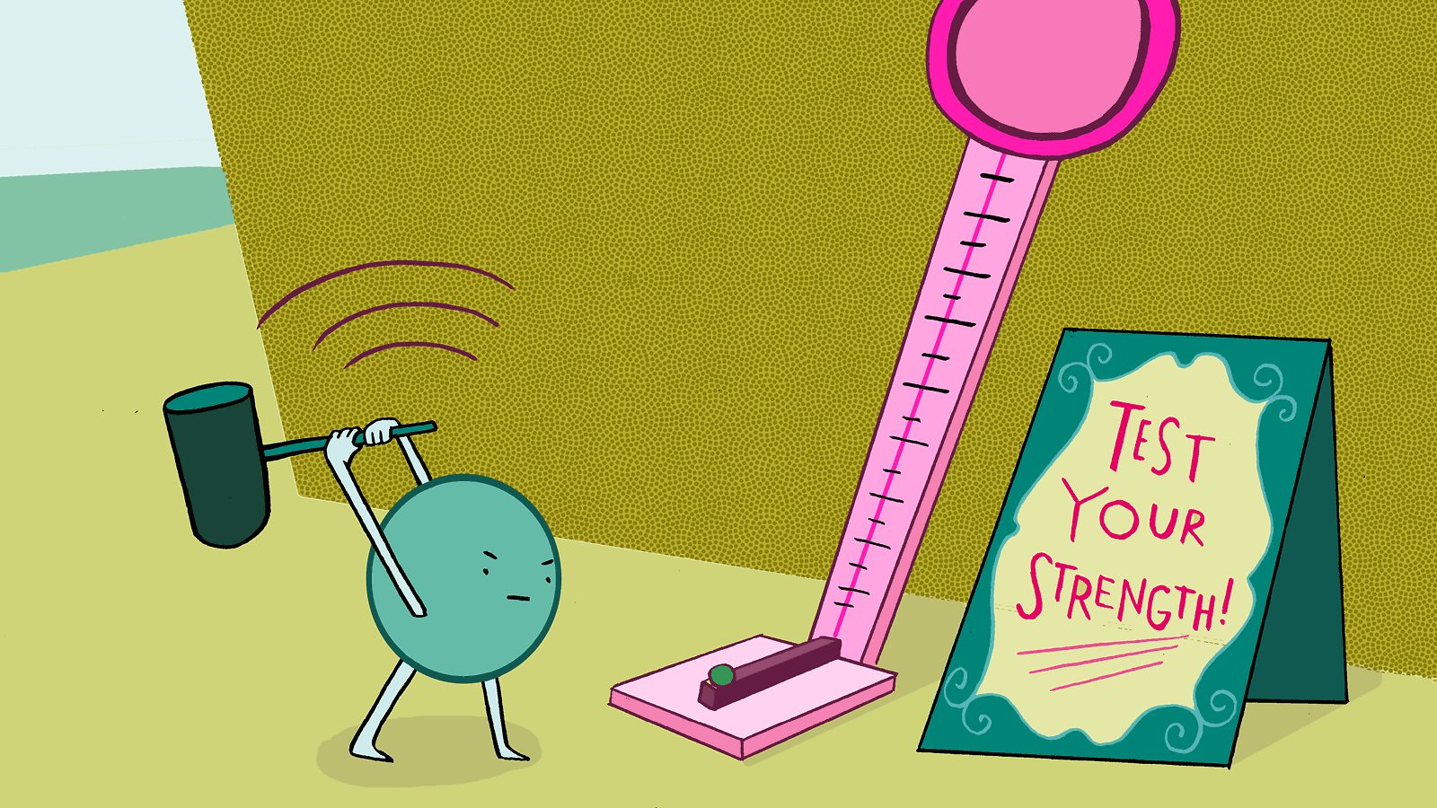 particle hitting a carnival strength test with mallet, sign "test your strength!"