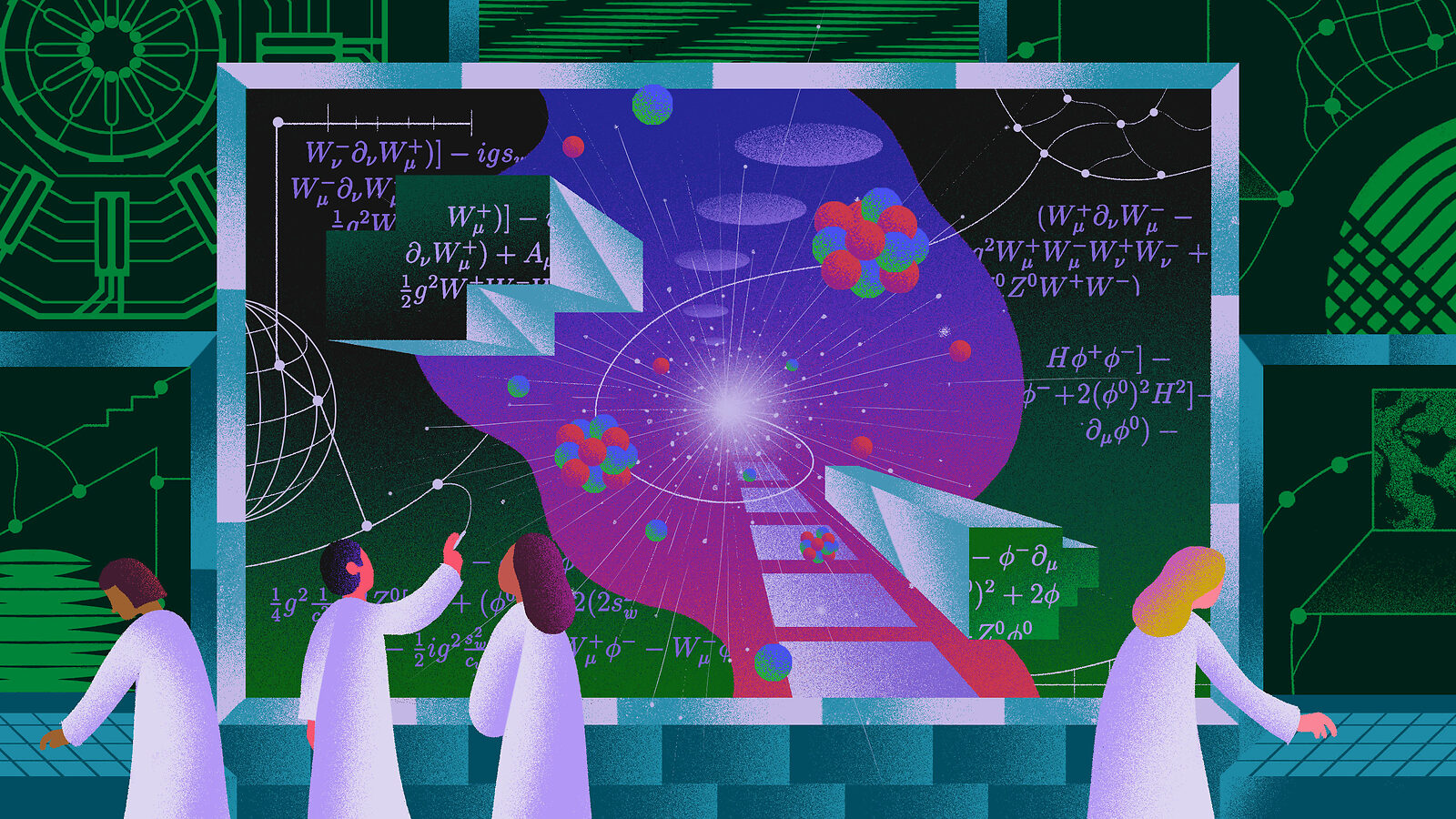 Illustration of a lab where scientists are surrounded by computers and writing equations on a chalkboard