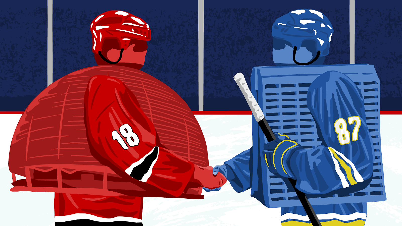 Illustration: Wilson Hall and the CERN globe building are hockey players shaking hands