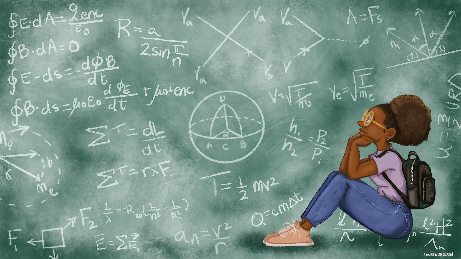 Illustration of a Black woman student considering physics concepts