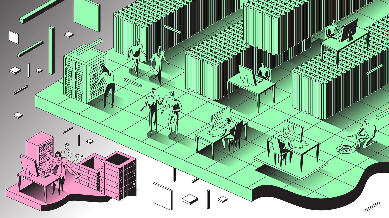 Illustration of people in larger green offices vs one person in smaller pink office