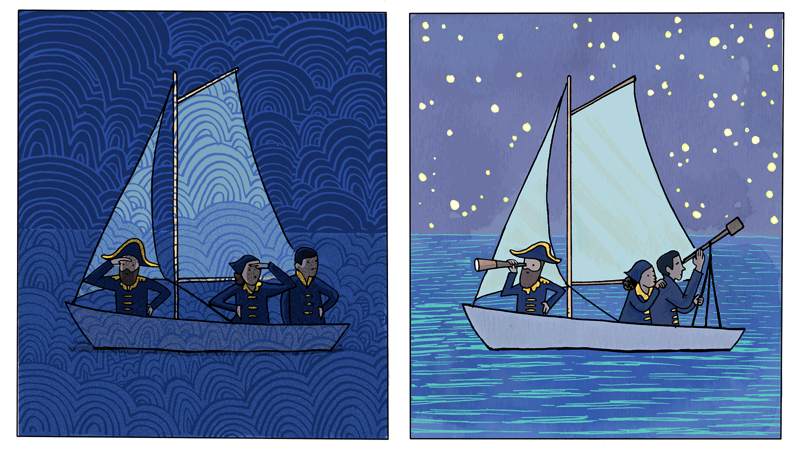 Illustration of left side: captain and crew on small boat in the ocean at night, daylight on right side