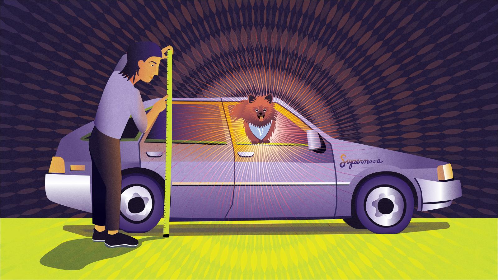 Illustration of a person measuring a "Supernova" car with a measuring tape