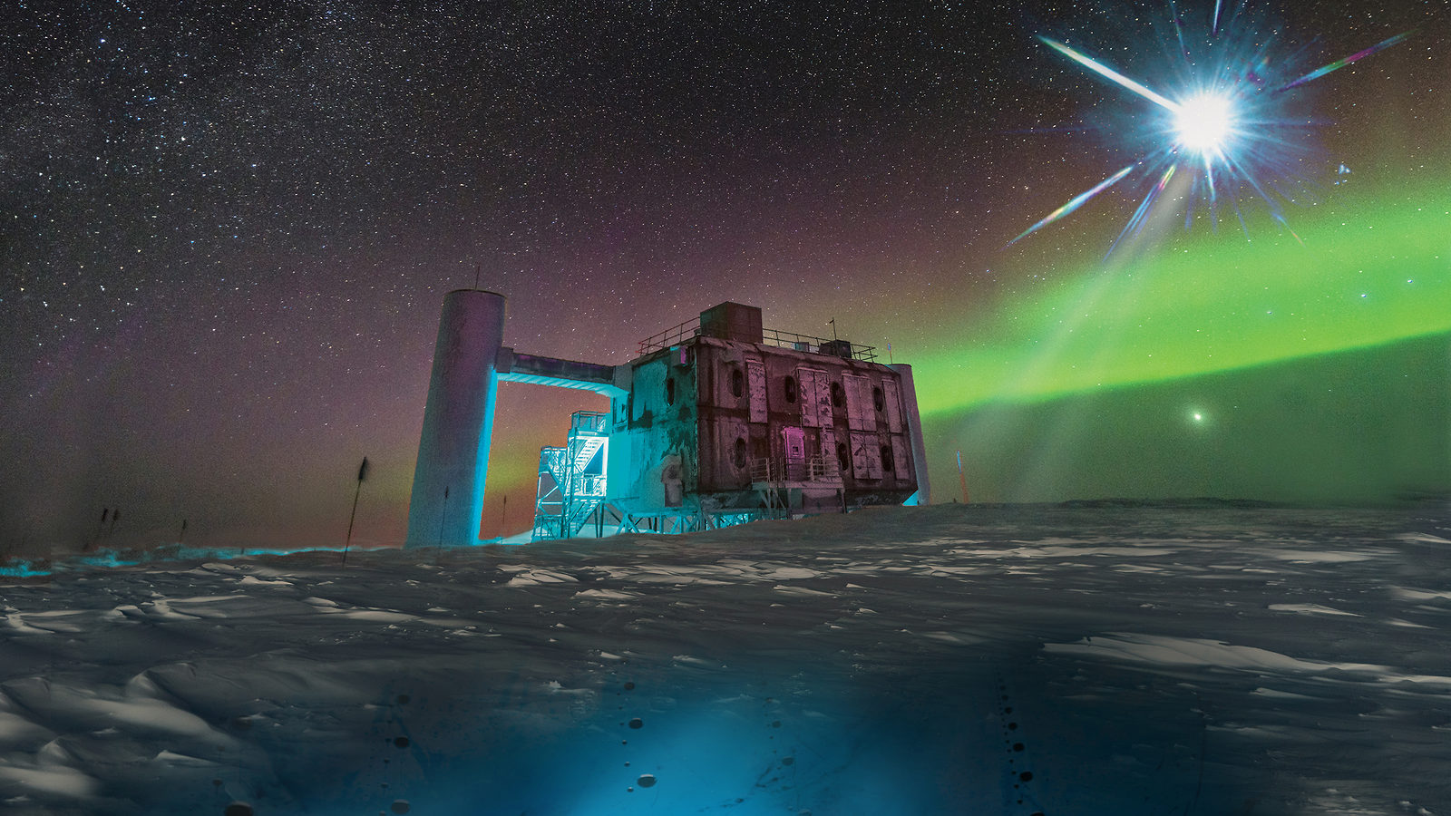 Artistic rendering of the IceCube Lab at the South Pole with a bright flash in the sky.