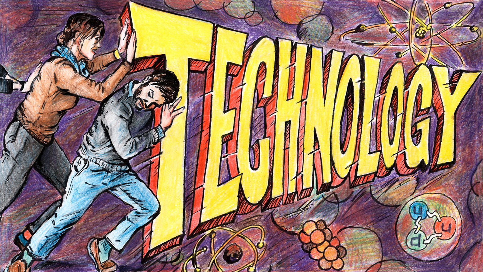 Illustration of Instrumentation Frontier: Two men pushing the word "Technology"