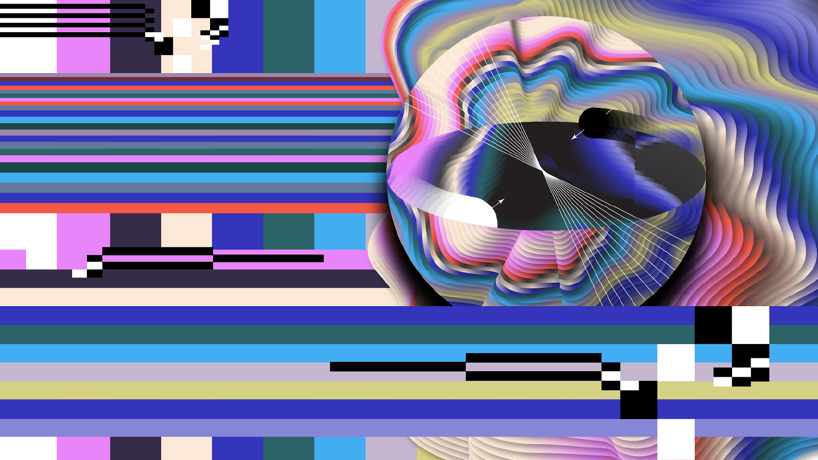 Illustration of rectangular strips of color running from left to right and top to bottom. Sphere with waves of color coming out