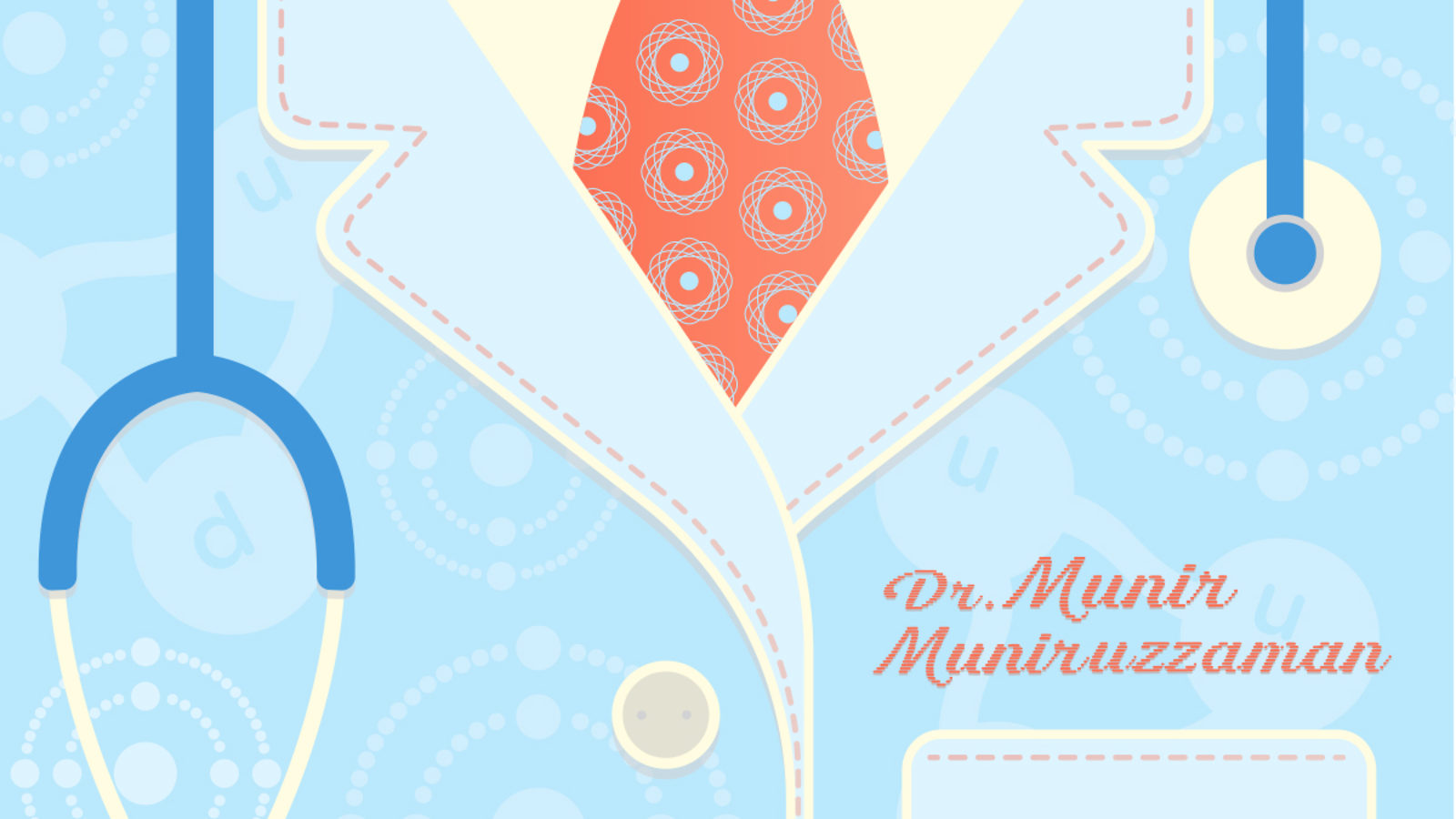 Illustration of Munir Muniruzzaman's chest in doctors coat, tie, and stethoscope