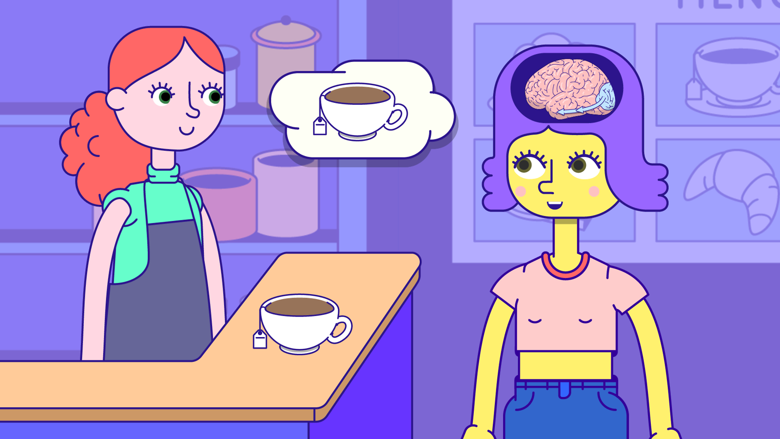 Illustration of cartoon, a thought bubble between a barista and a customer contains a cup of coffee