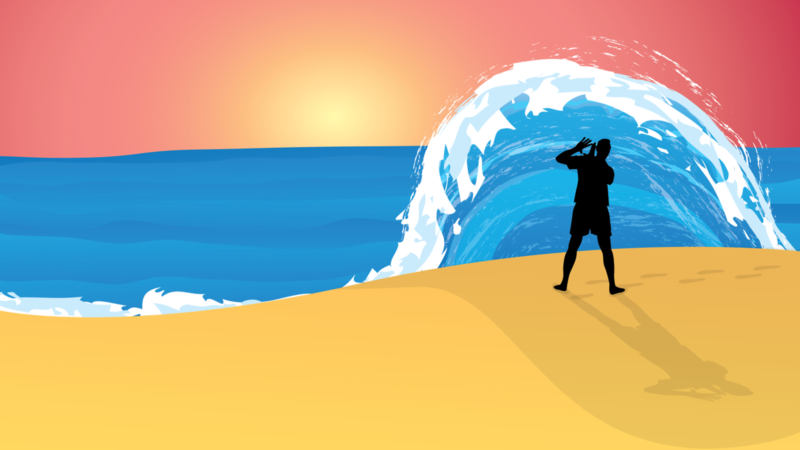Illustration of  Wave-particle duality, person on beach under wave
