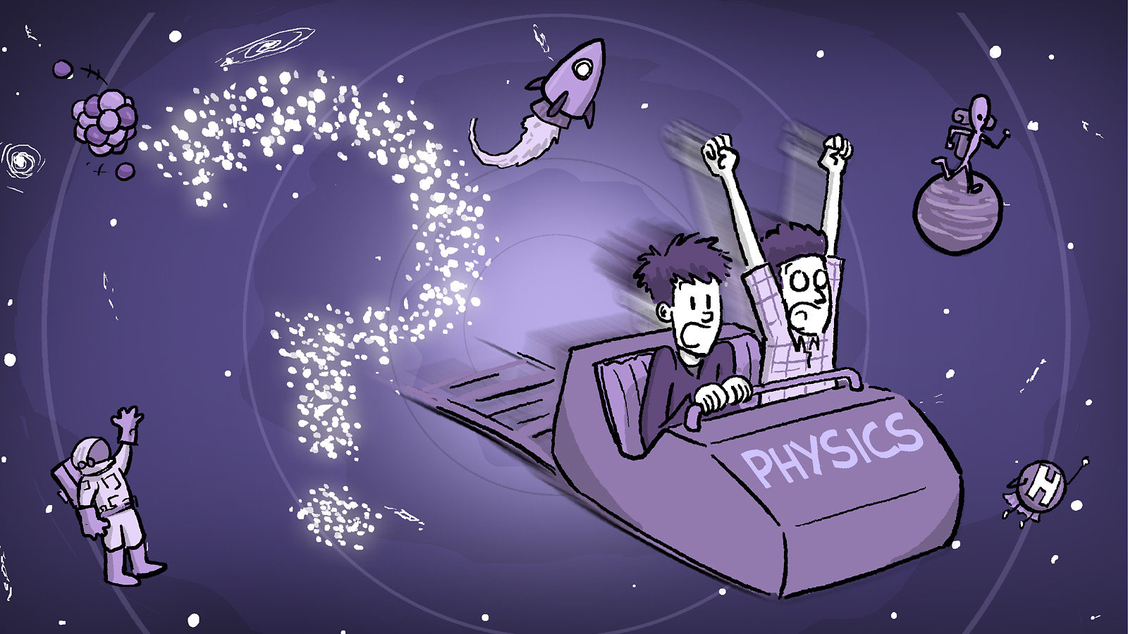 Illustration of two men in detached roller coaster car flying through space