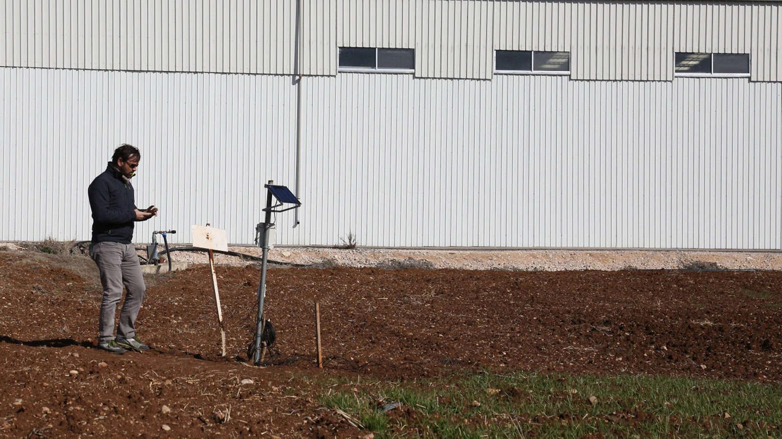 A technician from the Optosmart company examines the field in the Bekaa valley in Lebanon.