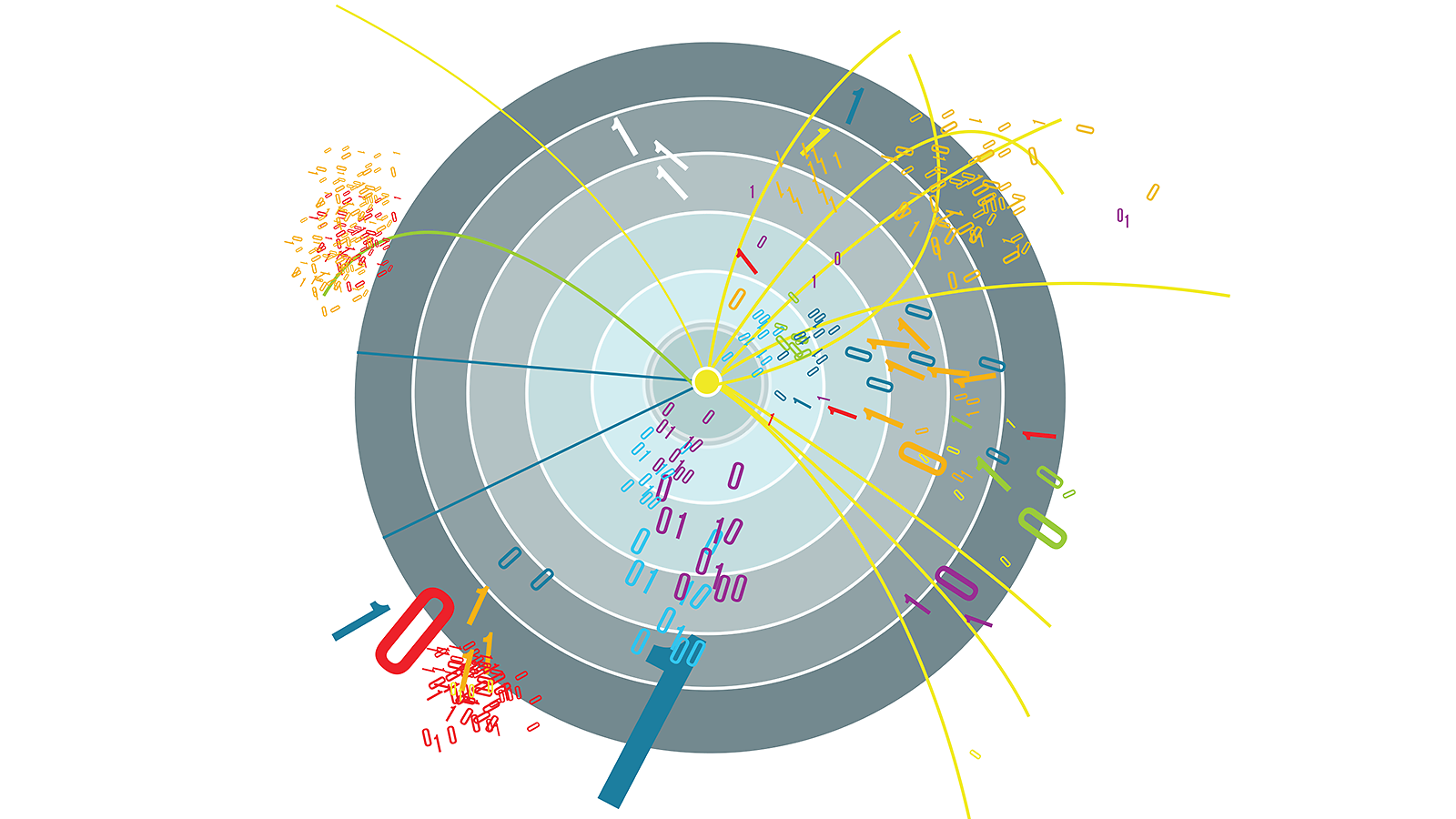 Illustration depicting a particle collision and exploding data
