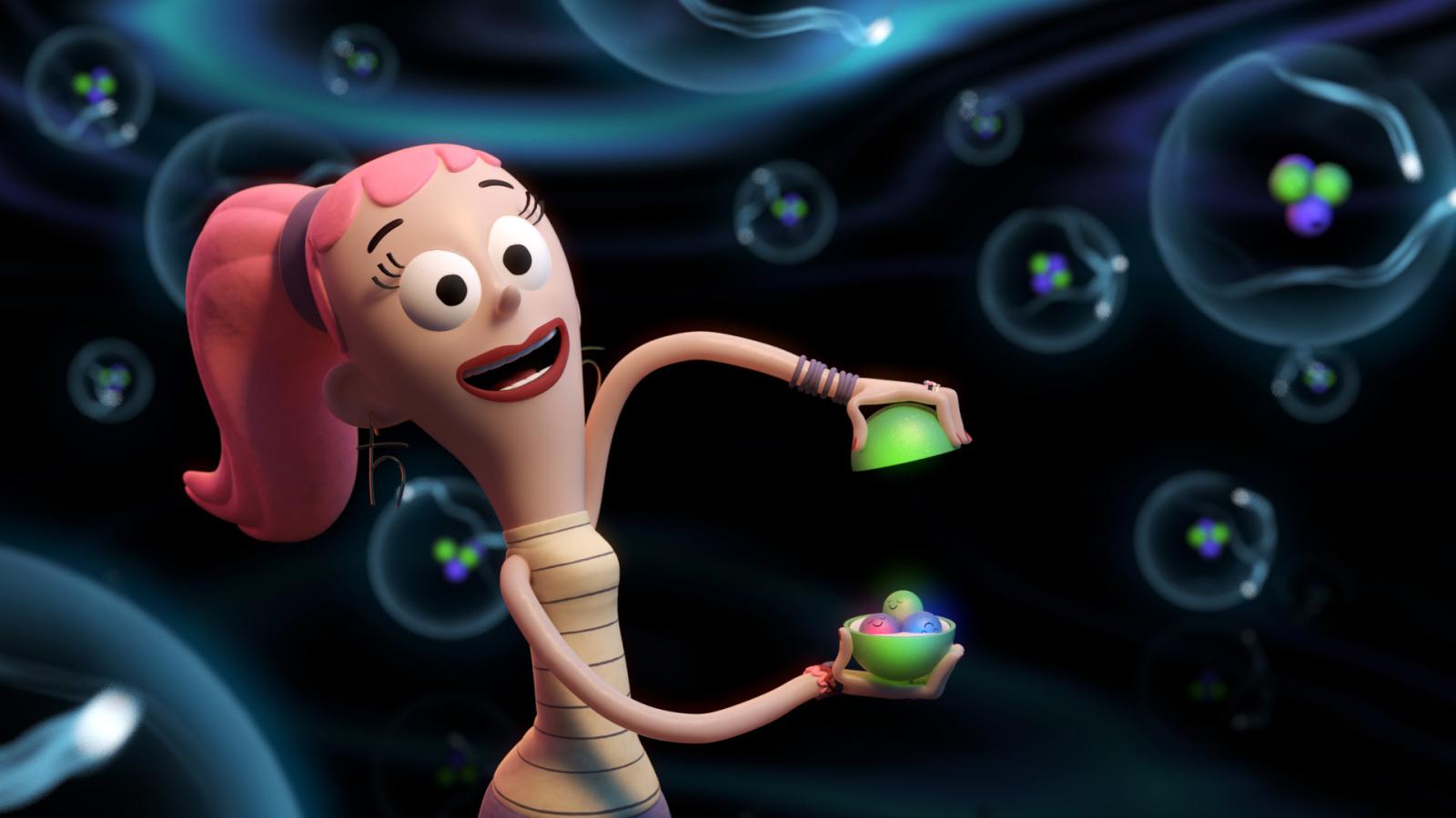 Still from an animated Quantum Kate video showing a girl with pink hair surrounded by particles