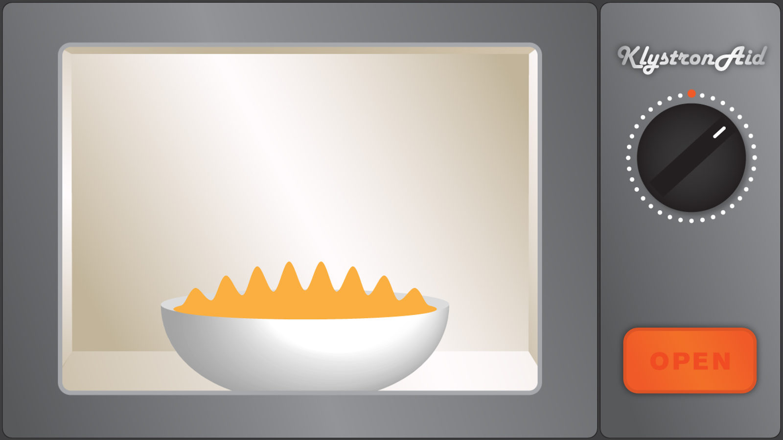Illustration of "Klyston Aid" microwave with bowl of food inside 