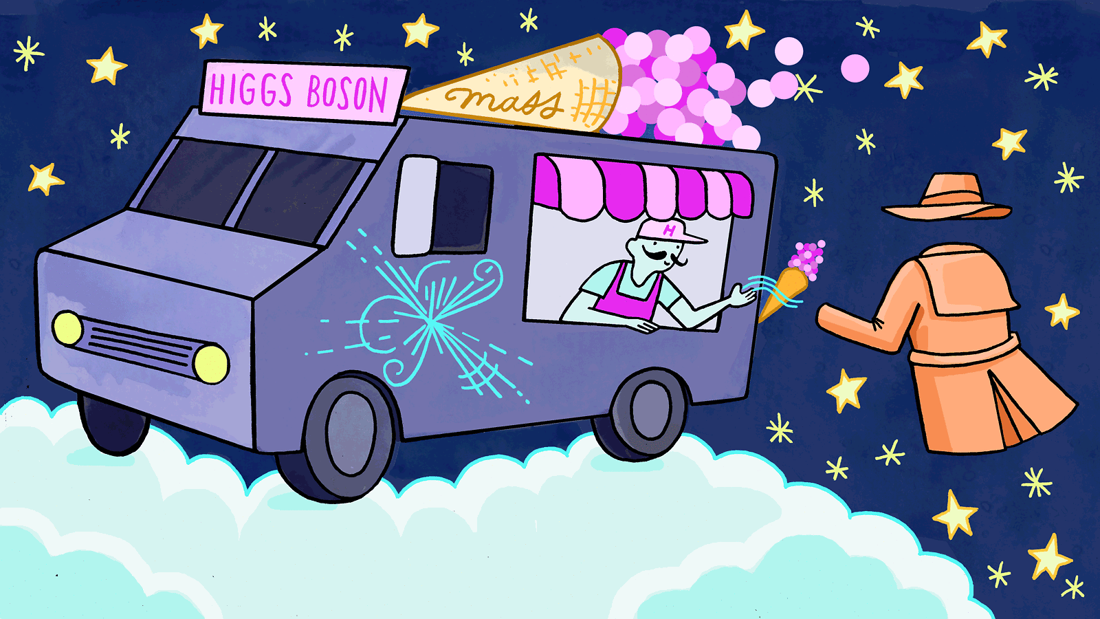 Illustration of Higgs boson ice cream truck being visited by the particle that isn't there