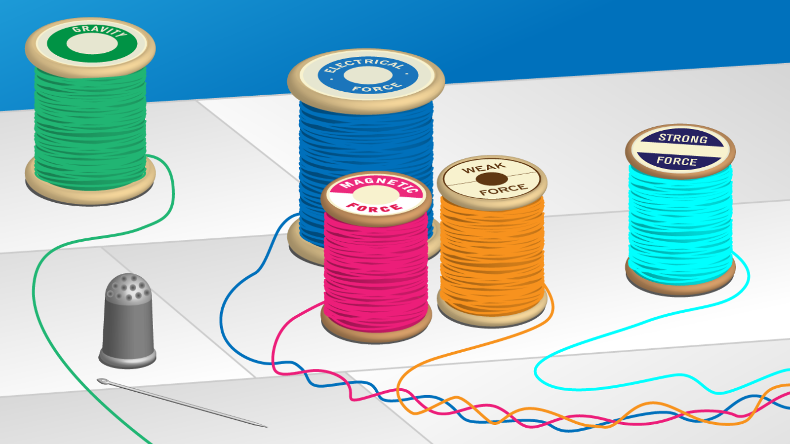 Illustration of 5 spools of thread and thimble 