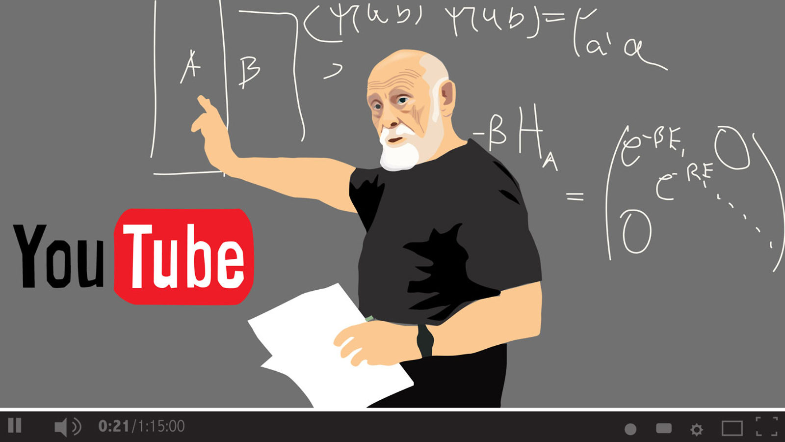 Illustration of Leonard Susskind on YouTube screen: Not just old codgers