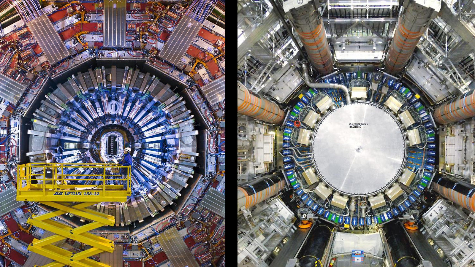 Photos in split screen shows the CMS and ATLAS detectors at CERN