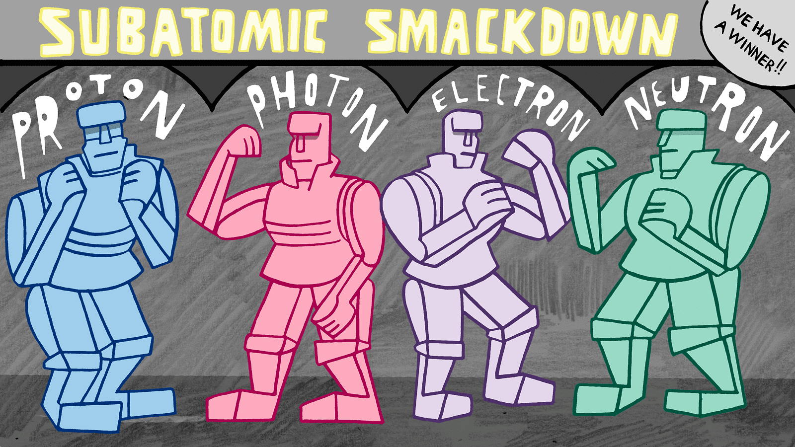 Illustration of four Rock 'Em Sock 'Em robots representing the four particles in the Sub Smackdown (blue, red, purple, green)