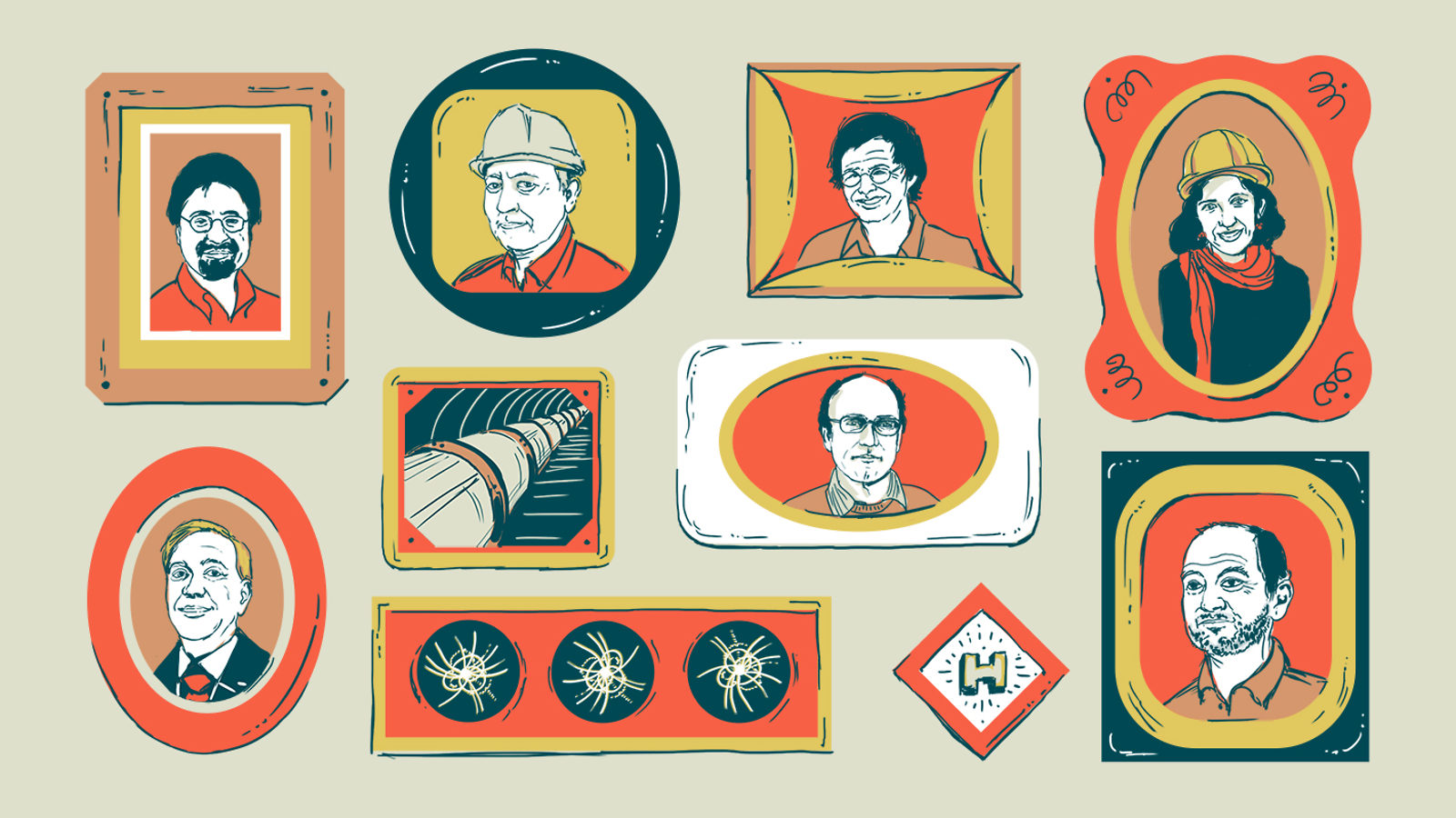 Illustration of portraits on wall of Fundamental Physics Prize recognizes Higgs hunters