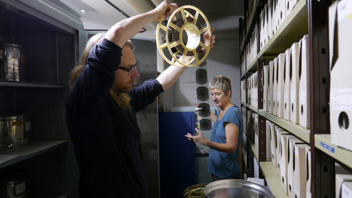 Photo of Joe Gerhardt at the CERN archives with Anita Hollier
