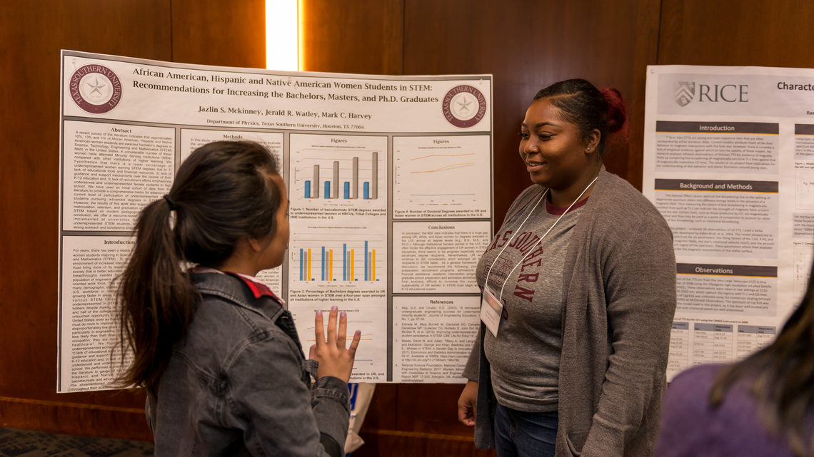 Photo of Jazlin McKinney of TSU discusses her research topic, “African American, Hispanic and Native American Women