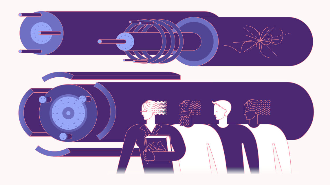 Illustration of four accelerator scientists looking at accelerator 