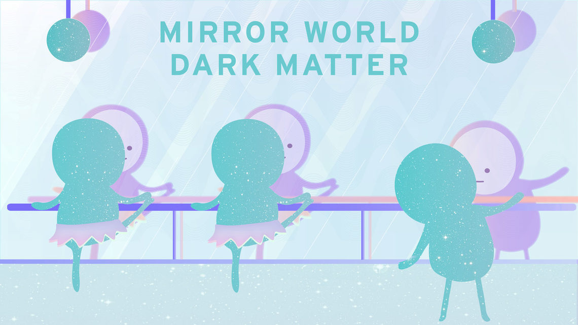 Illustration of mirror world dark matter, particles in ballet studio looking in mirror 