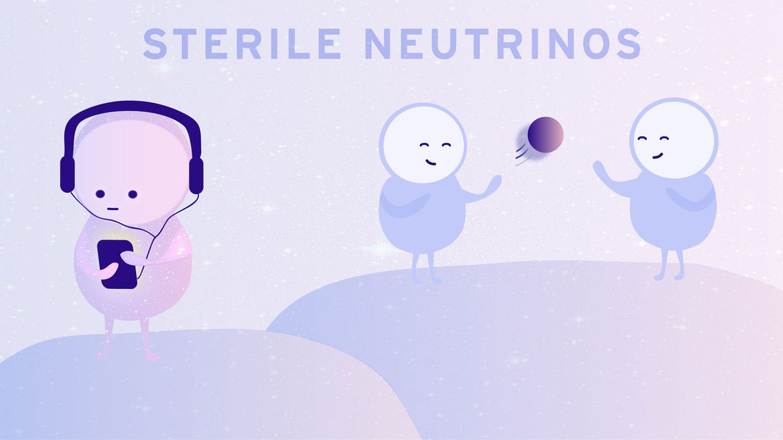 Illustration of sterile neutrinos playing catch with other particle out in the field listing to music alone