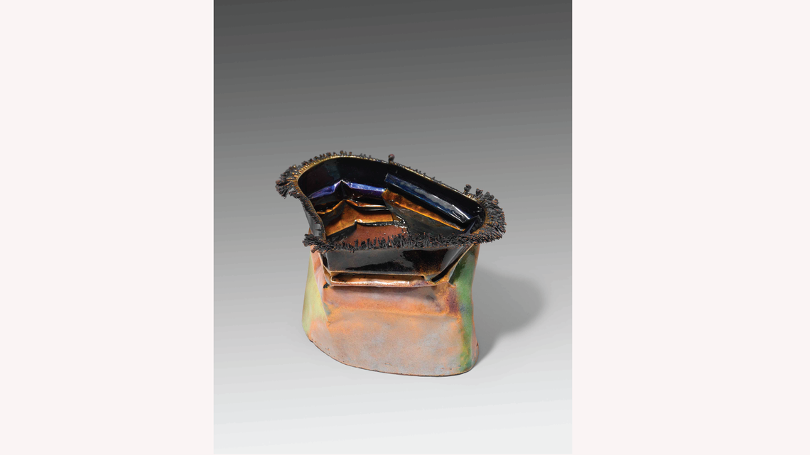June Schwarcz, Vessel, electroplated copper foil and enamel, sandblasted. (Photo by Cate Hurst)