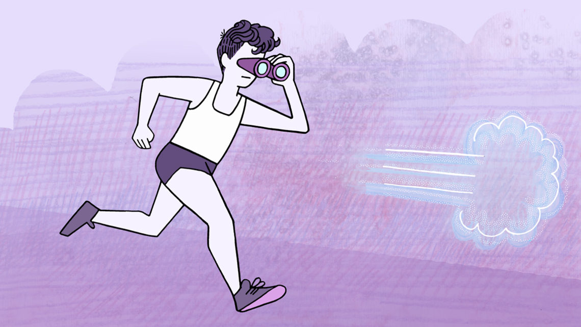 Illustration of scientist running with binoculars after hidden flavors of neutrinos (blue, white, medium and light purple)