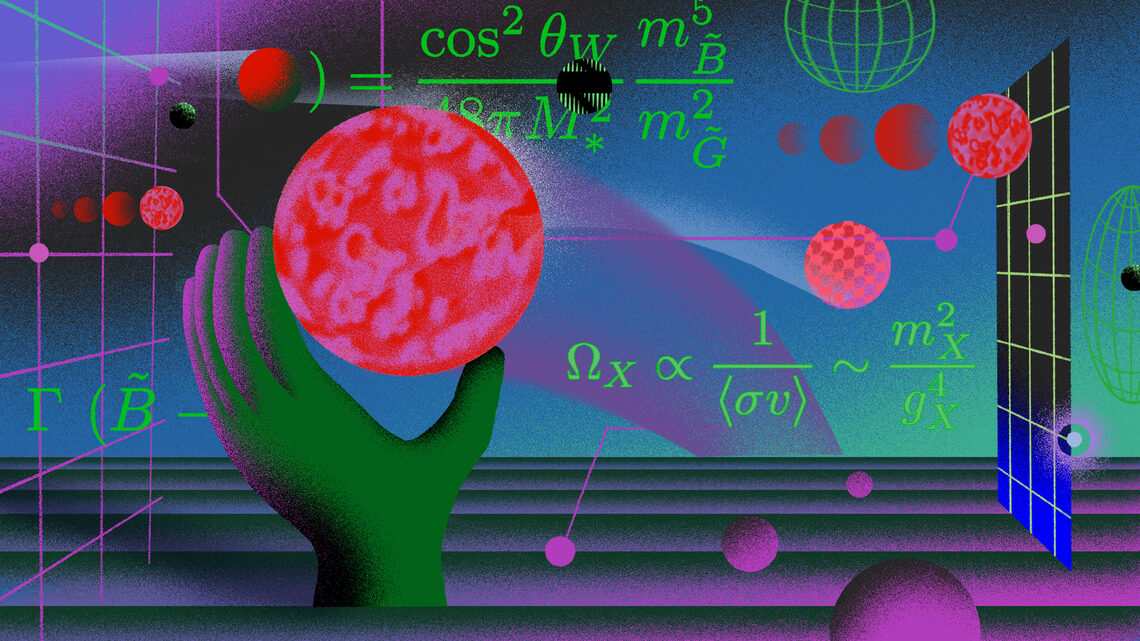 Illustration of a hand holding a particle with equations in the background