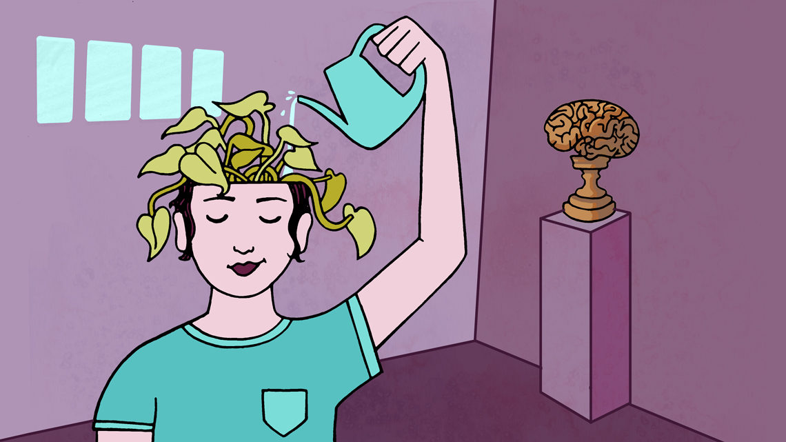 Illustration of a woman watering a plant where her brain would normally be
