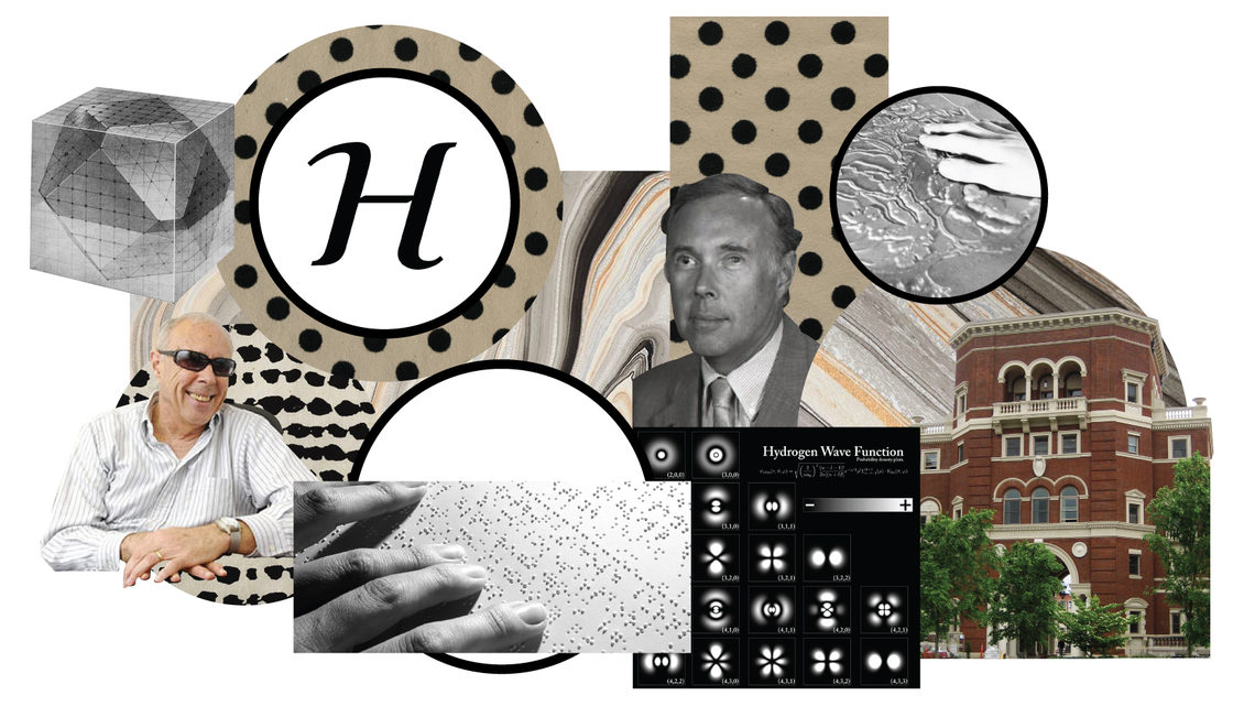 Collage of John Gardner including: braille, Oregon State University, and hydrogen wave function chart