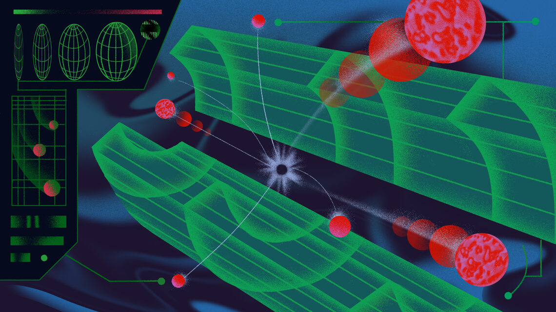 Illustration of a particle collision in a detector with diagrams representing machine learning